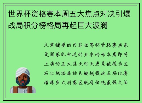 世界杯资格赛本周五大焦点对决引爆战局积分榜格局再起巨大波澜